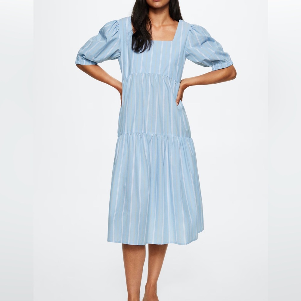 Mango MNG Blue Stripe Tiered Midi Summer Dress Puff sleeve Casual Cottagecore 6